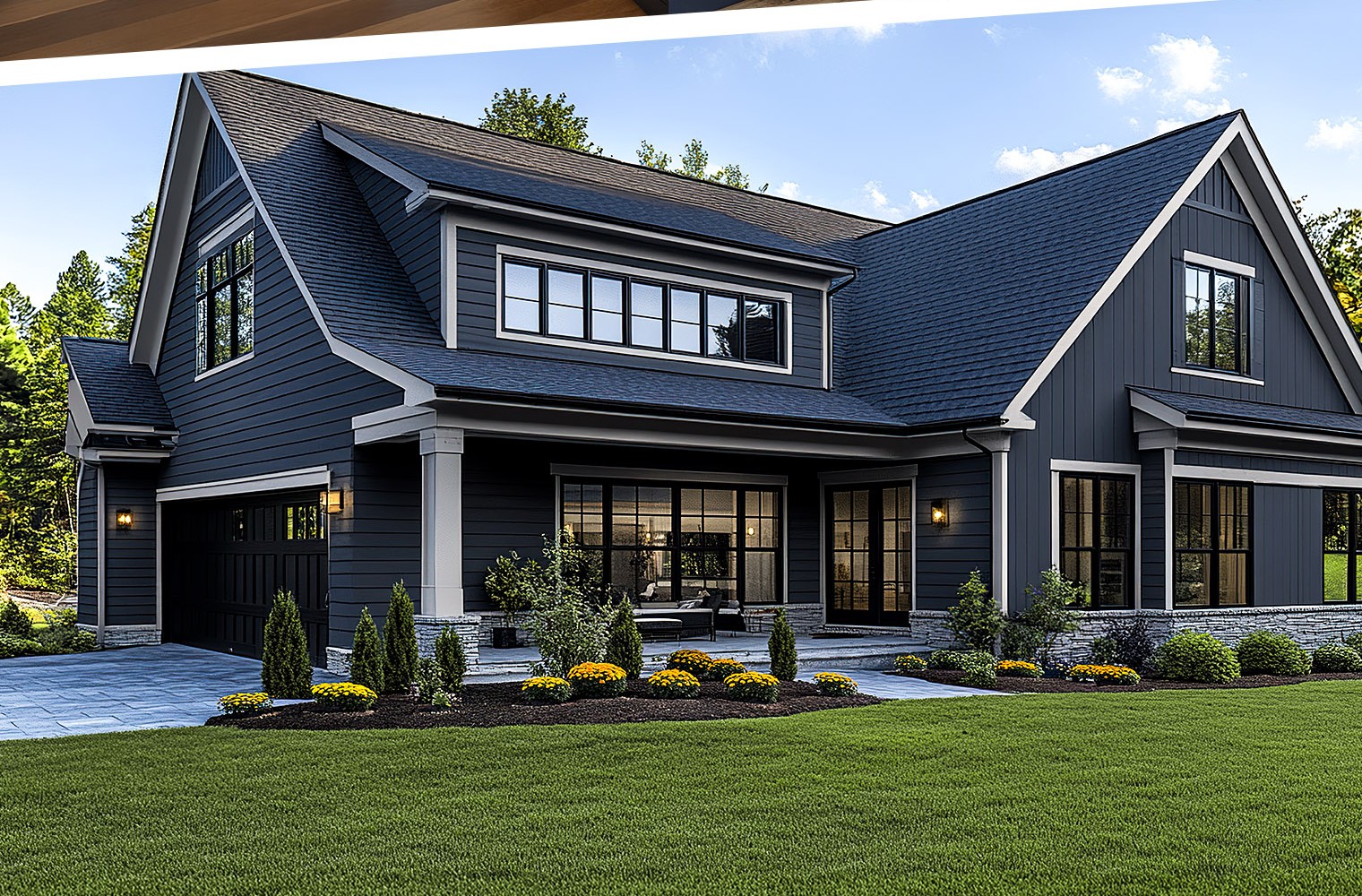 Modern farmhouse exterior with landscaped front yard