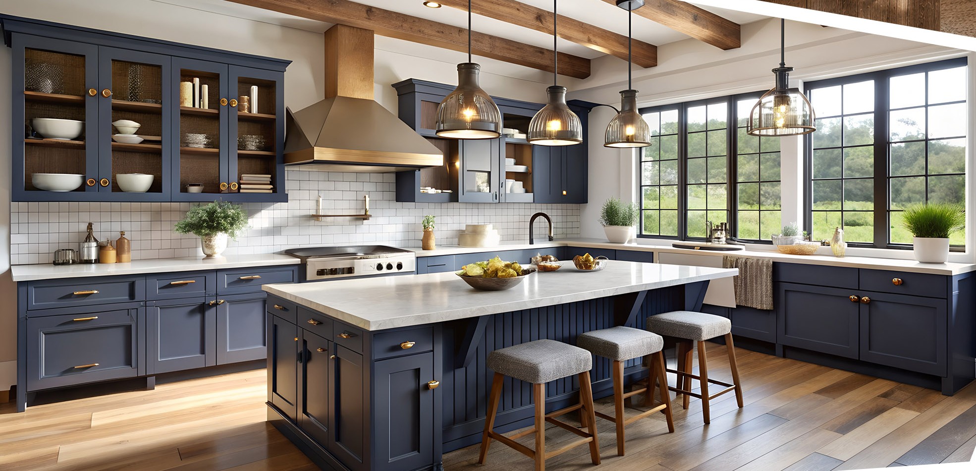 Navy blue farmhouse kitchen with island seating