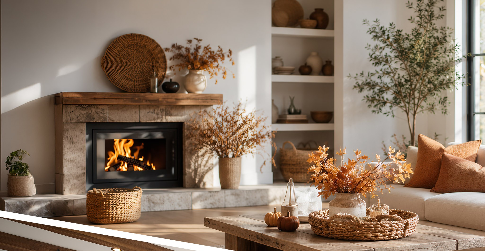 Warm, styled living room with fireplace